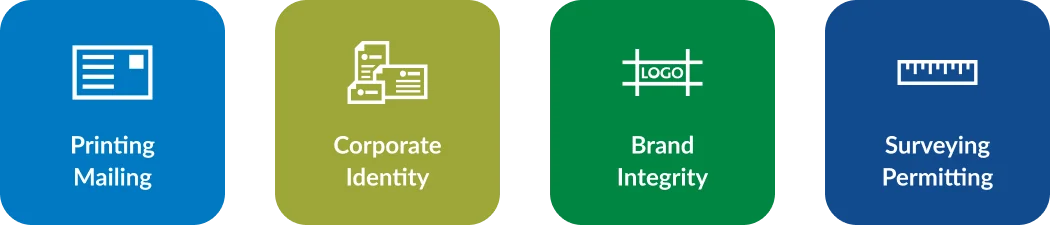 Icons representing printing, mailing, corporate identity, brand integrity, and surveying and permitting services